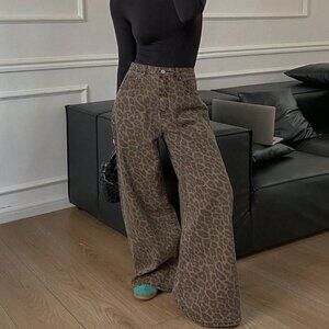 Coffee Brown Casual Women's Loose Leopard Print Cotton Pants